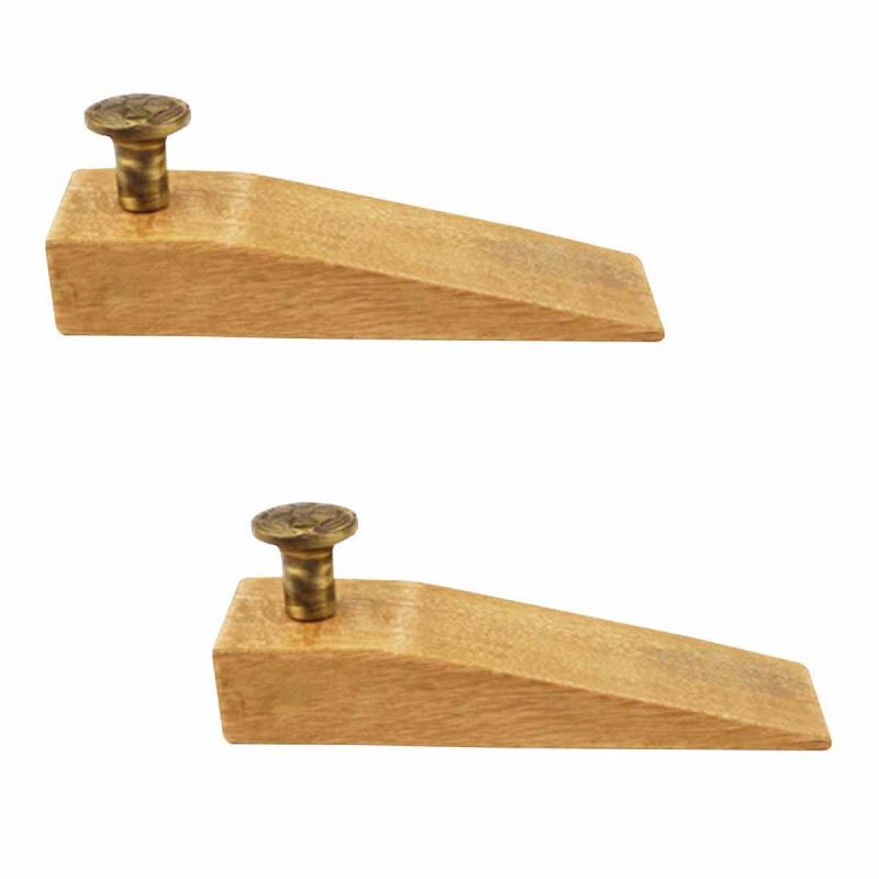 2 Door Wedge Solid Mango Wood Antique Brass Knob Natural  |  Door Stops and Bumpers Door Hardware Door Stops & Bumpers