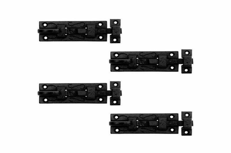 4 Piece Black Slide Bolt Wrought Iron Curled Tail Cabinet Door  |  Slide Bolts Door Hardware Slide Bolts