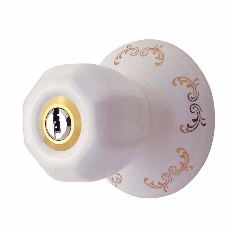 White and Gold Hexagonal Door Knob with Lock Porcelain Door Lock  |  Door Knobs & Parts Door Hardware Door Knobs & Parts