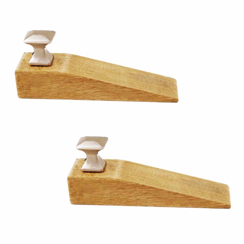 2 Door Wedge Solid Mango Wood Satin Brass Knob Natural  |  Door Stops and Bumpers Door Hardware Door Stops & Bumpers