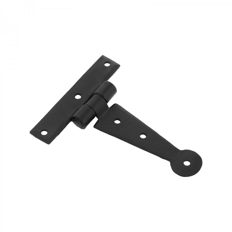 Black Iron T Strap Hinge 4.3 Inches Long Modern Decorative Outdoor Bean Tee Hinge Rust Resistant Powder Coated Wooden Cabinet Door or Gate Hinges with Screws  |  Cabinet & Door Hinges